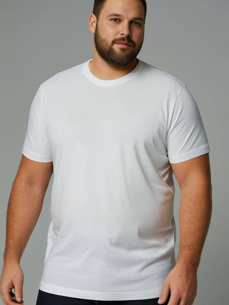 Model wearing a classic white crewneck t-shirt showcasing comfort and tailored fit. Perfect for everyday wear.