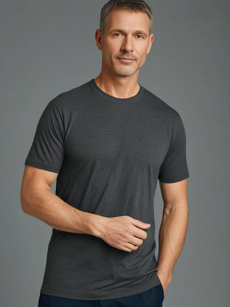 Model wearing a comfortable dark gray crewneck t-shirt, showcasing its relaxed fit and soft fabric.