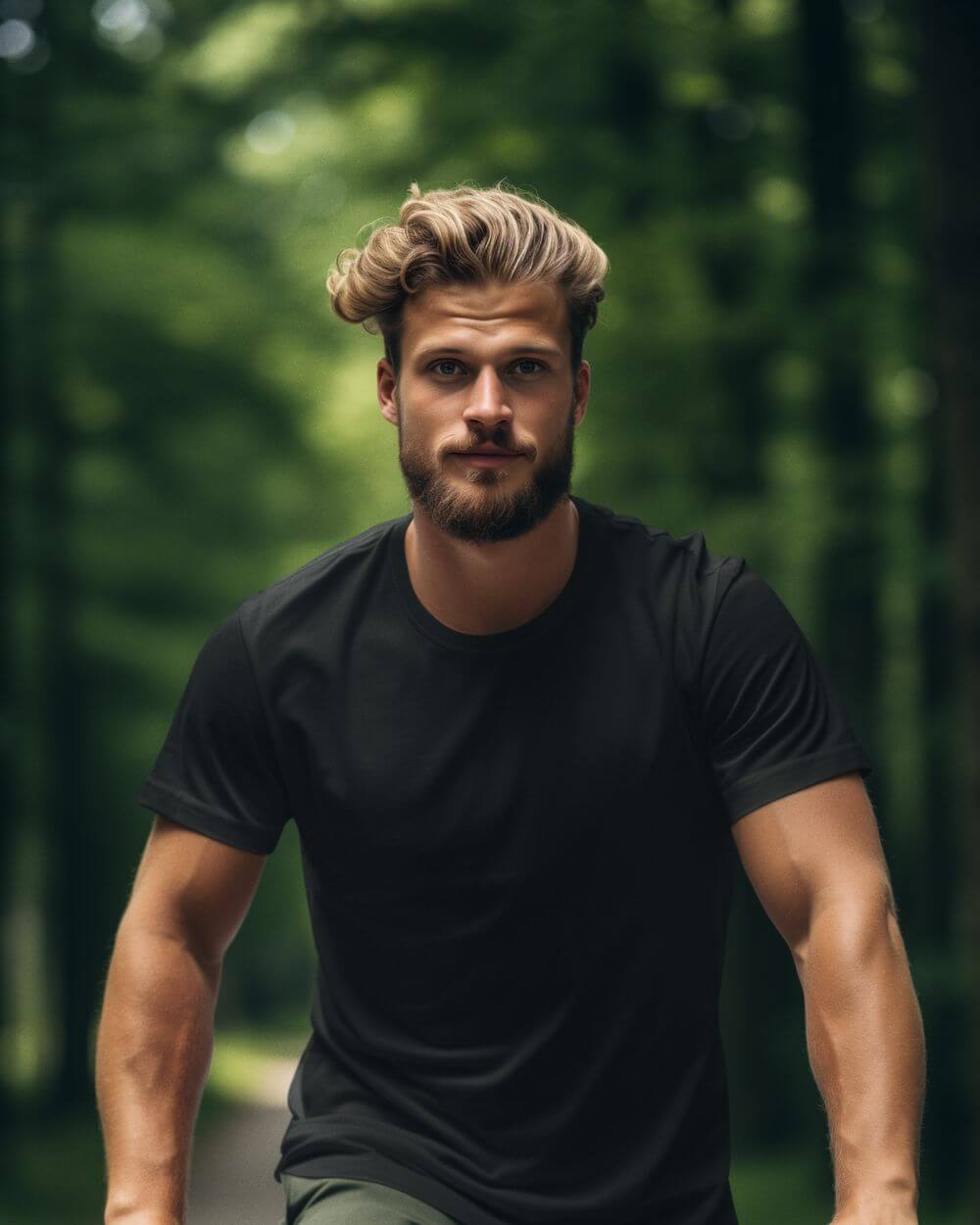 Man wearing a black crewneck shirt, surrounded by a lush green forest, showcasing style and comfort.