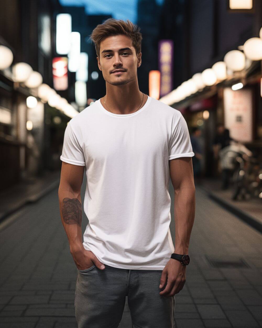 Model showcasing the Monak Crewneck t-shirt in a stylish urban environment, emphasizing comfort and modern design.