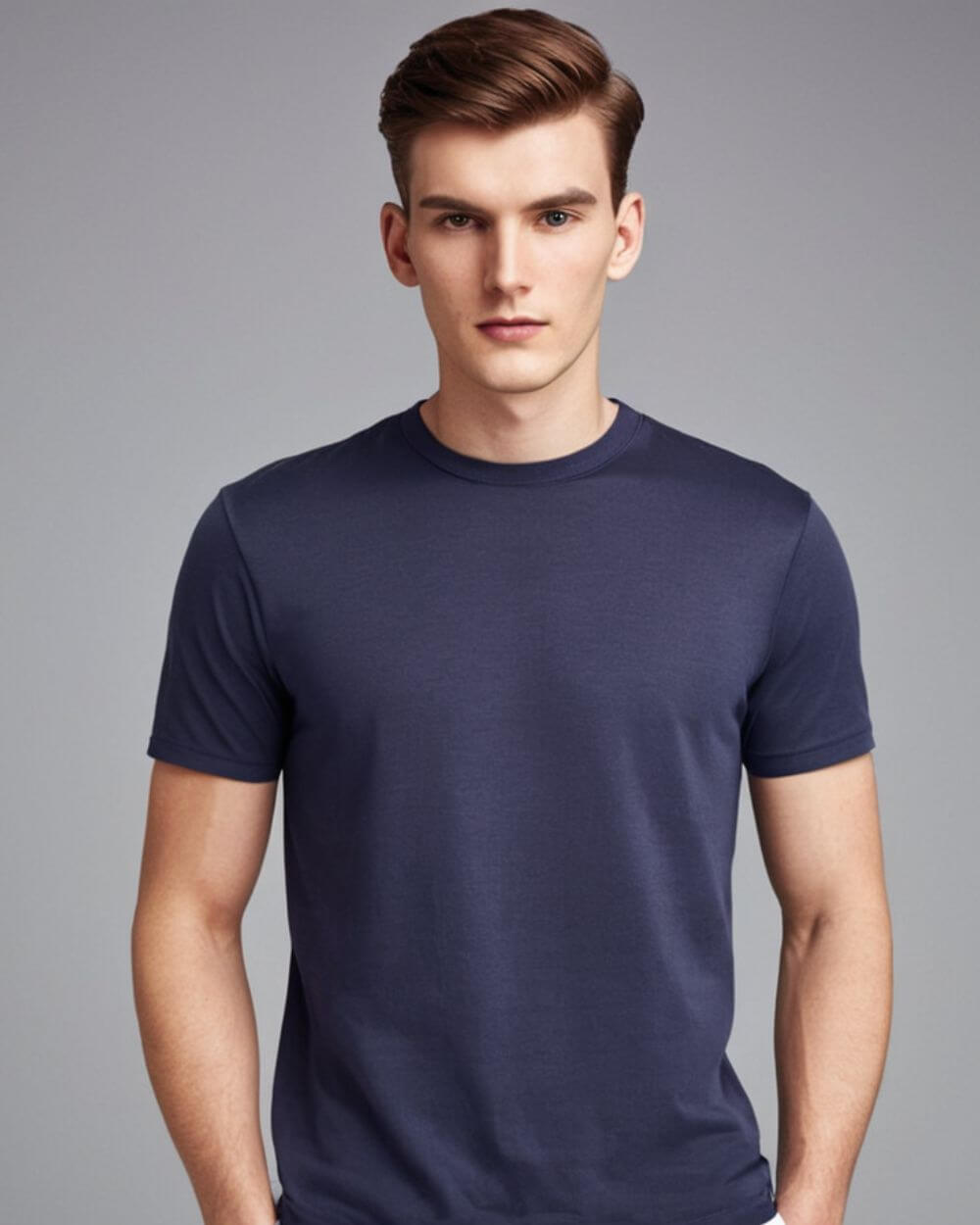 Model wearing a navy blue Monak crewneck t-shirt, showcasing its comfortable fit and sleek design.