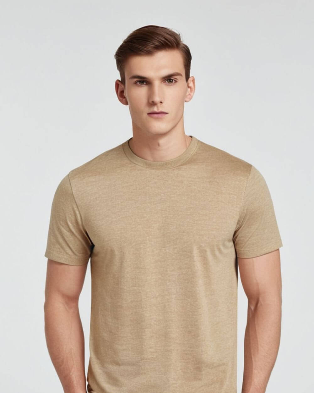 Male model wearing a tan Monak crewneck t-shirt, showcasing comfort and tailored fit in a stylish manner.