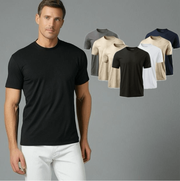 Model showcasing Monak Crewneck t-shirt in black with a pack of assorted colors behind. Comfort and style combined.