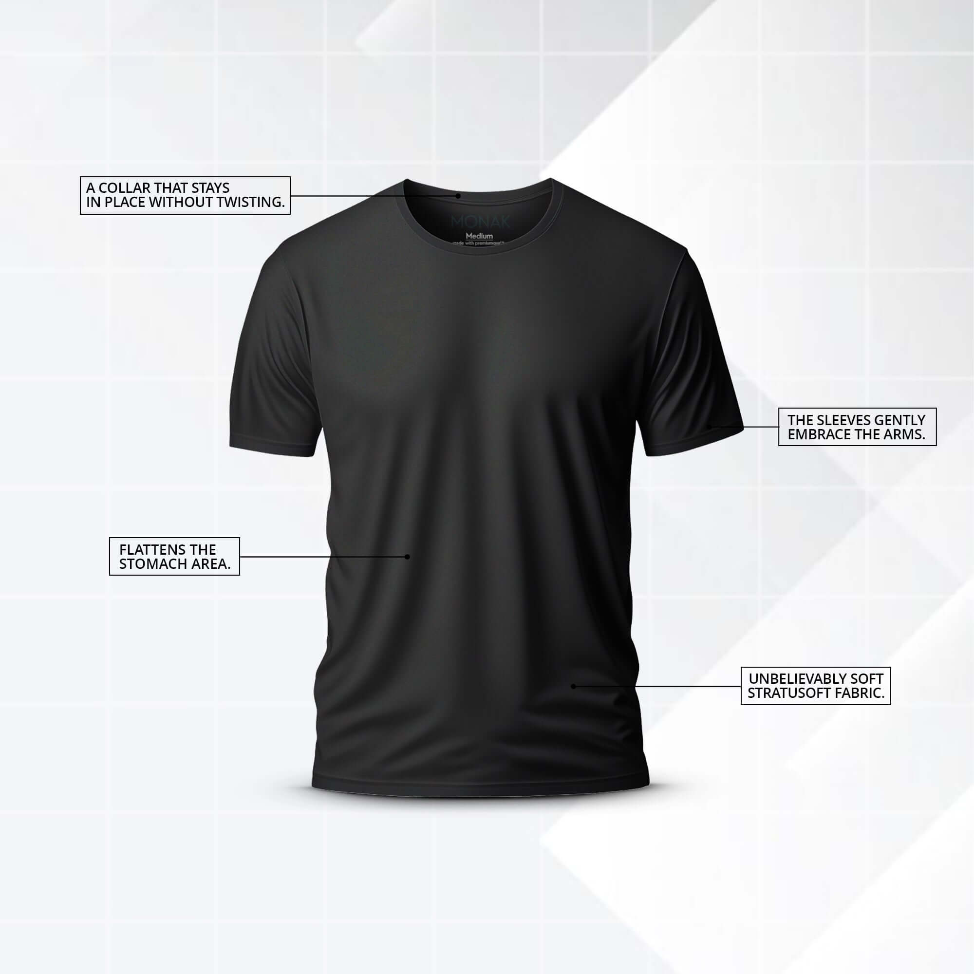 Black crewneck shirt highlighting features: non-twisting collar, flattering stomach area, soft fabric, and tailored sleeves.