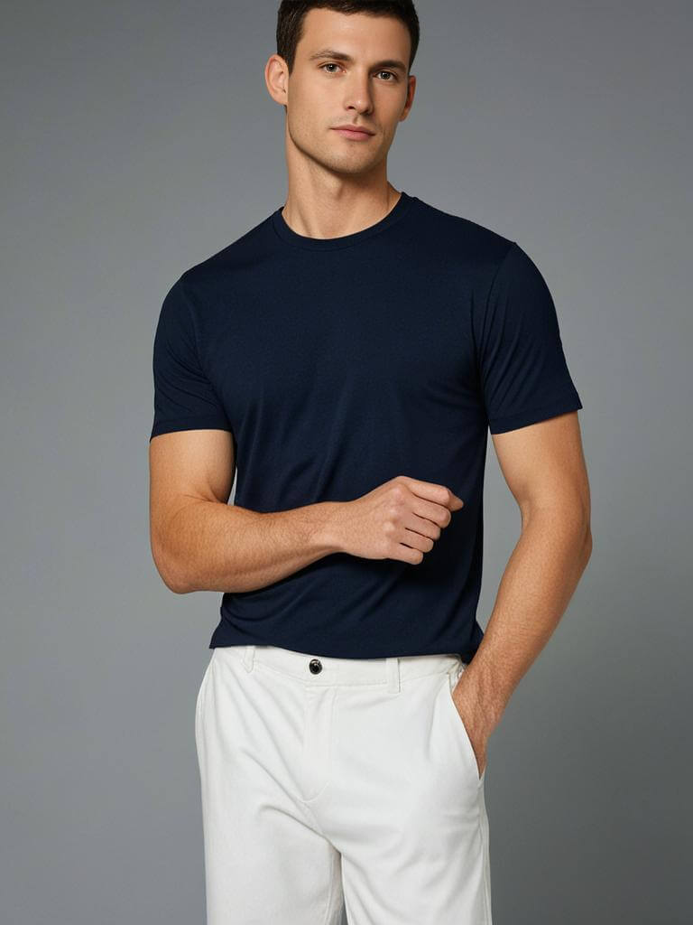 Model wearing a navy Monak Crewneck Single t-shirt styled with white pants, showcasing comfort and a tailored look.