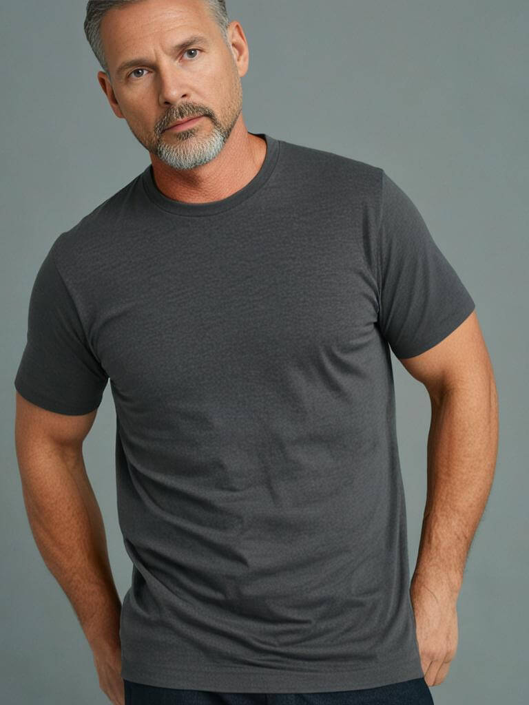 Model wearing a dark gray Monak crewneck t-shirt, showcasing comfort and style with a tailored fit.