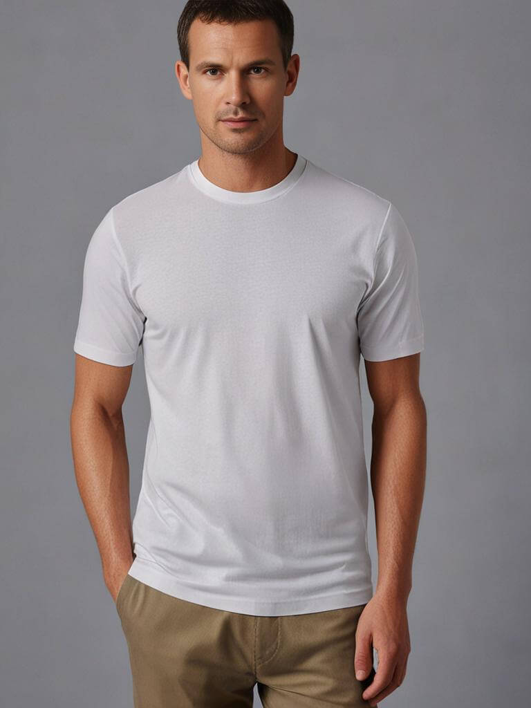 Man wearing a classic white crewneck t-shirt, showcasing comfort and tailored fit with modern style.