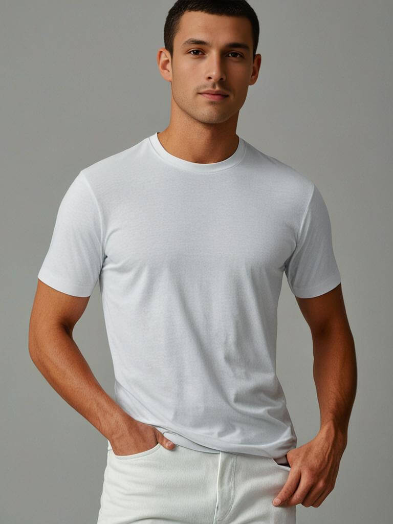 Model wearing a classic white short-sleeve t-shirt against a neutral background, showcasing comfort and style.