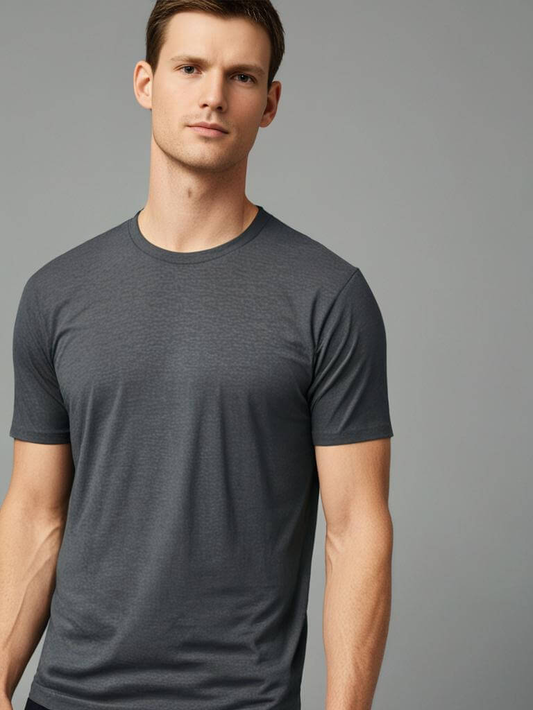 Man wearing a comfortable grey Monak crewneck t-shirt, showcasing softness and durability in fabric construction.