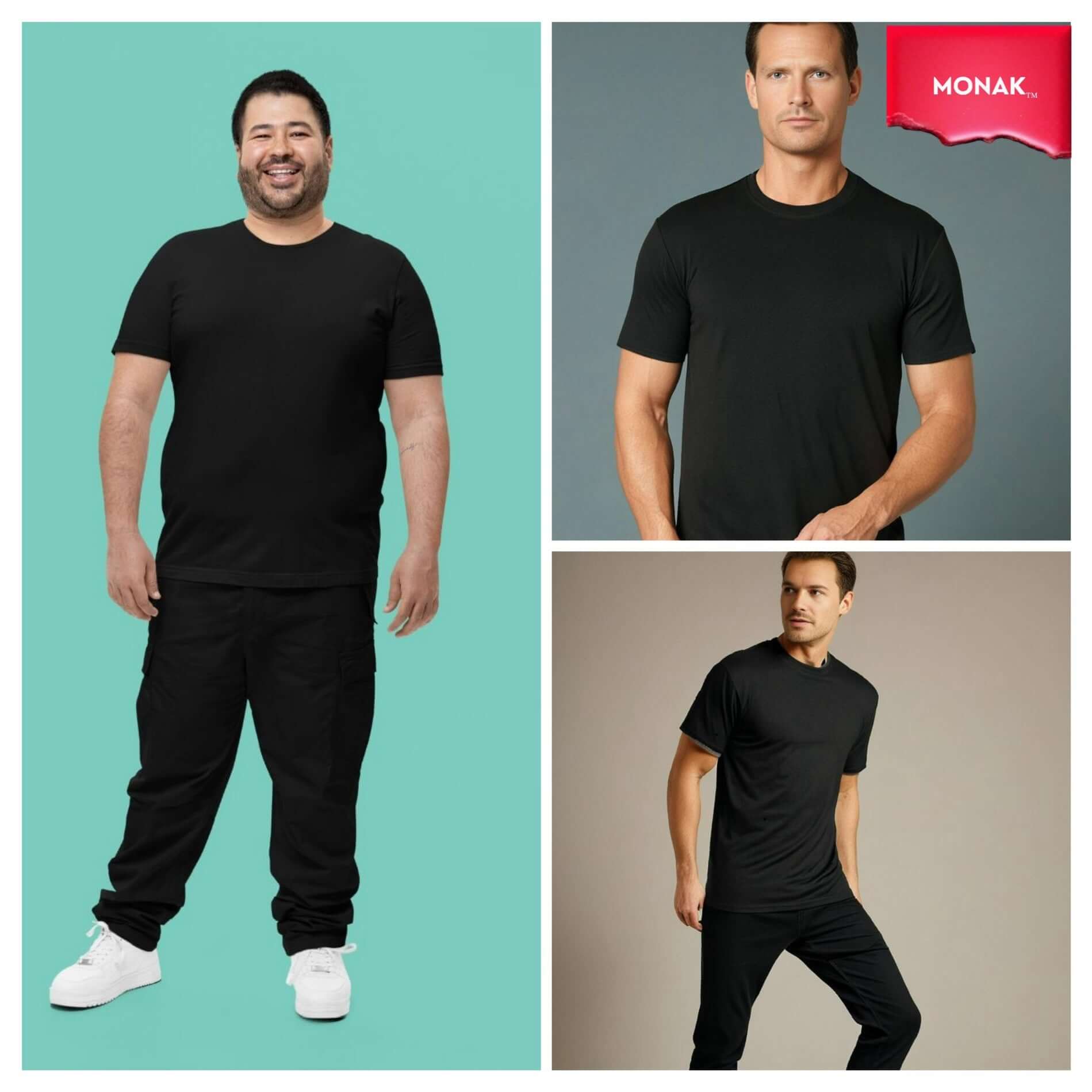 Three models showcasing the Monak Crewneck t-shirts in black, highlighting comfort, fit, and style.