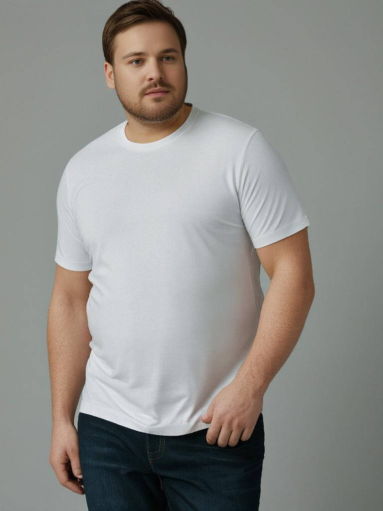 Model wearing a comfortable white crewneck t-shirt, showcasing softness and durability. Perfect for everyday wear.