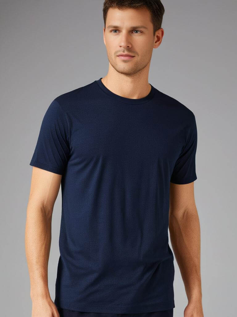 Man wearing a navy blue Monak Crewneck T-shirt, showcasing comfort and a tailored fit for everyday wear.