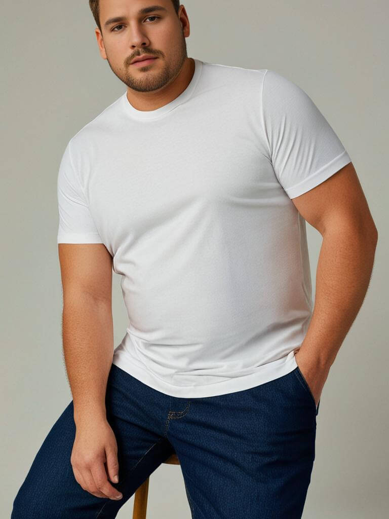 Man wearing a white Monak Crewneck Single t-shirt, showcasing comfort and tailored style in casual attire.