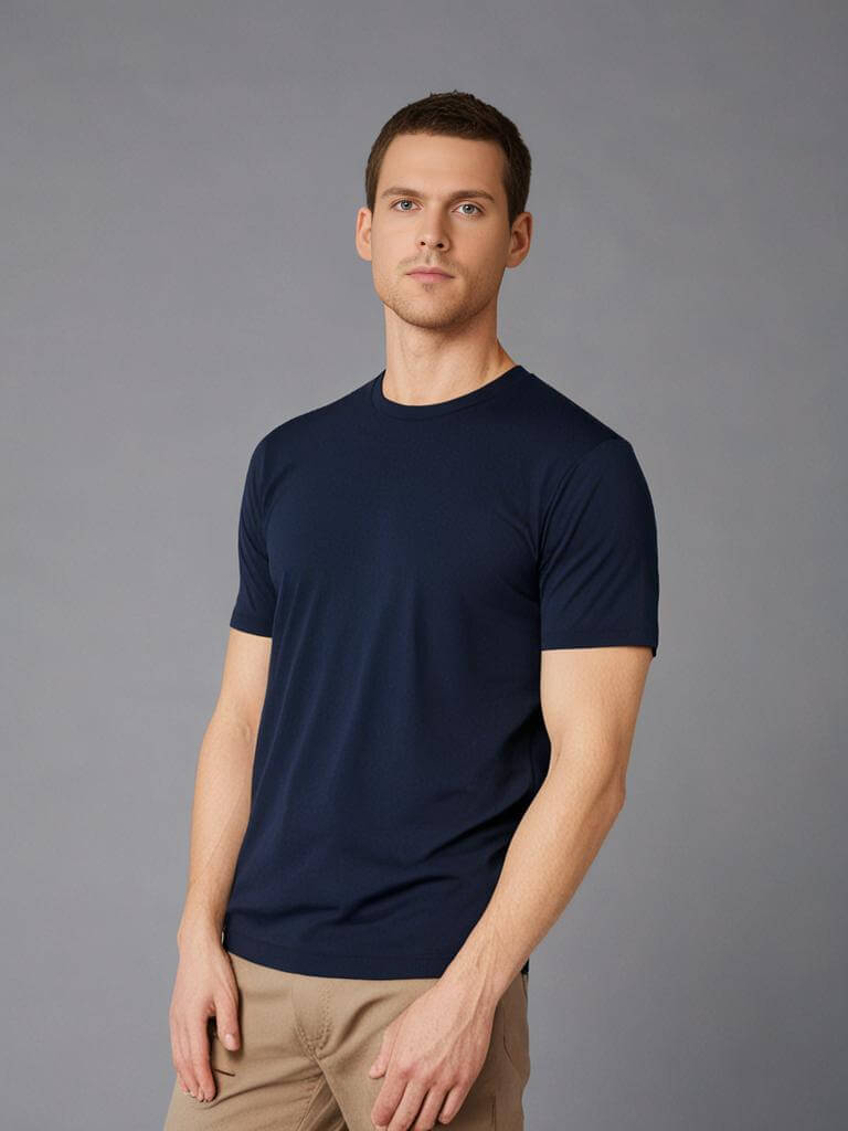 Model wearing the Monak Crewneck Single in navy, showcasing comfort and style with a tailored fit.