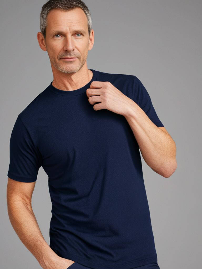 Man wearing a navy blue Monak Crewneck Single t-shirt, showcasing comfort and a tailored fit.