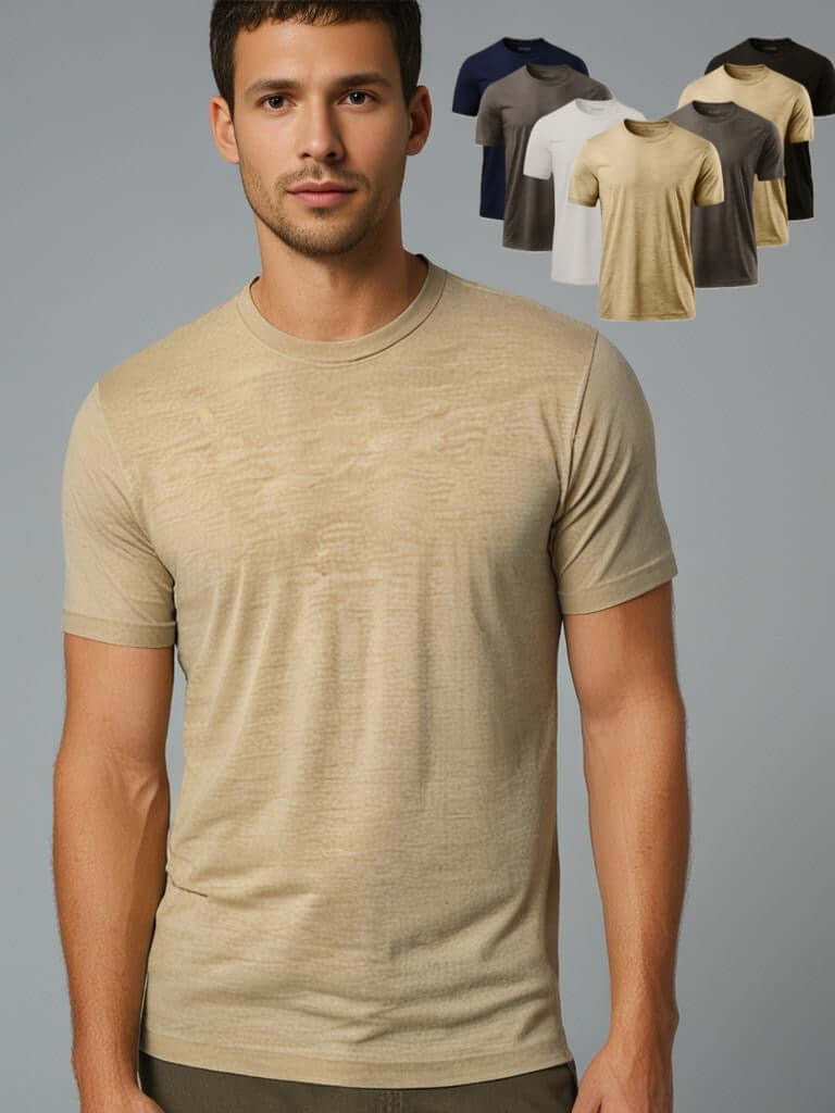 Monak Crewneck 7 pack featuring a model in a beige shirt, showcasing color options including navy, black, white, and gray.