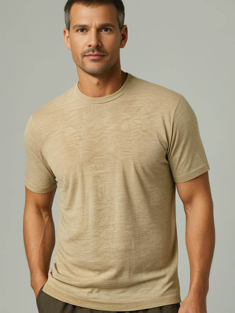 Man wearing a beige Monak Crewneck shirt, showcasing comfort and tailored fit in a stylish pose.