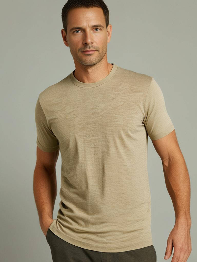 Man wearing a beige short-sleeve crewneck t-shirt, showcasing soft and durable fabric.