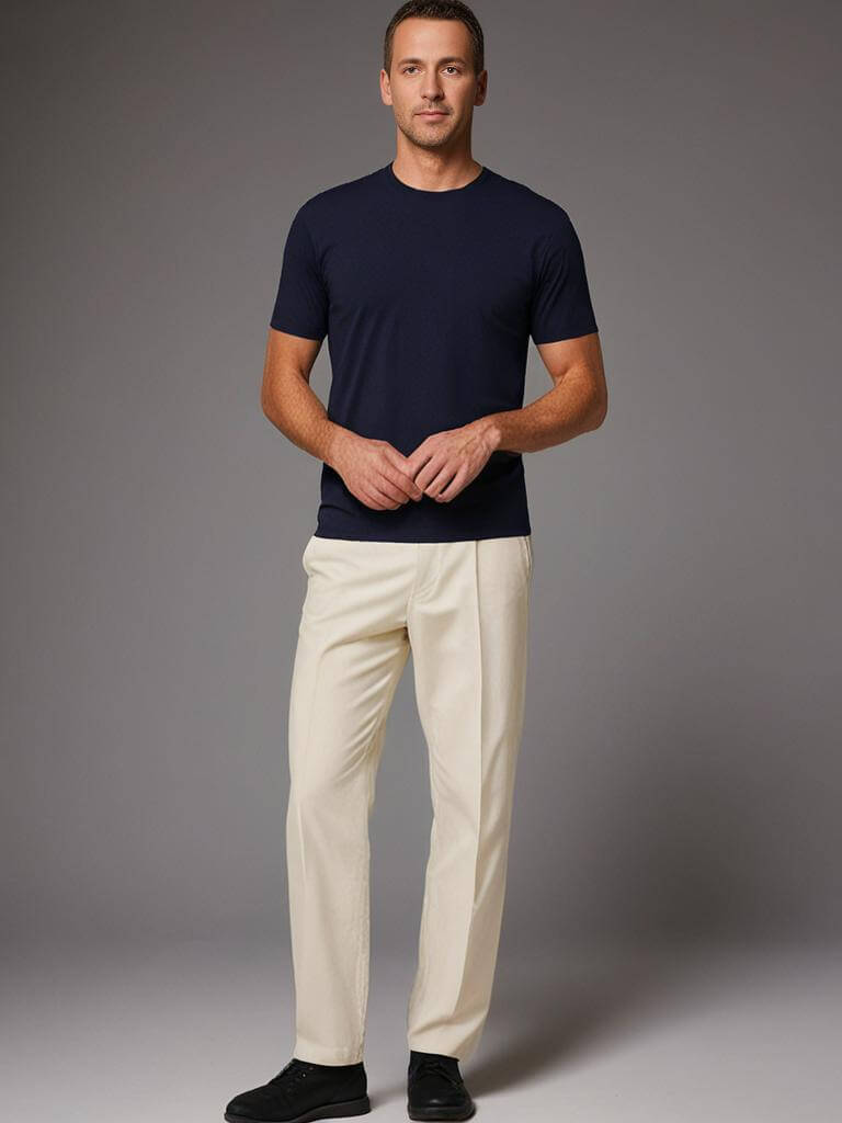 Man wearing a navy crewneck t-shirt with cream-colored pants, showcasing a stylish and comfortable outfit.