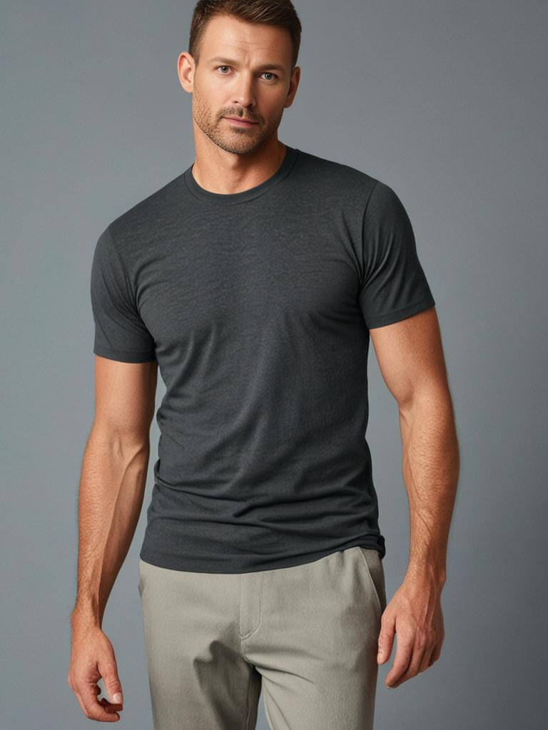 Model showcasing a dark gray crewneck t-shirt paired with light pants, emphasizing comfort and style.