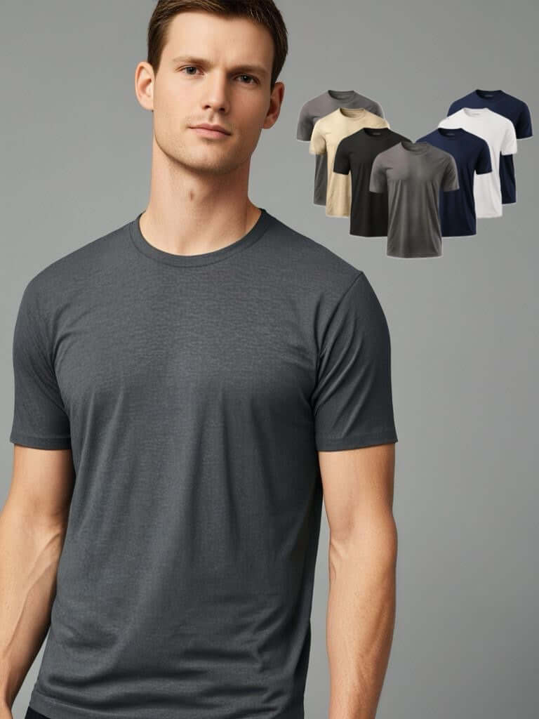 Model wearing Monak Crewneck t-shirt in dark gray with 7 pack color options in background for stylish comfort wear.