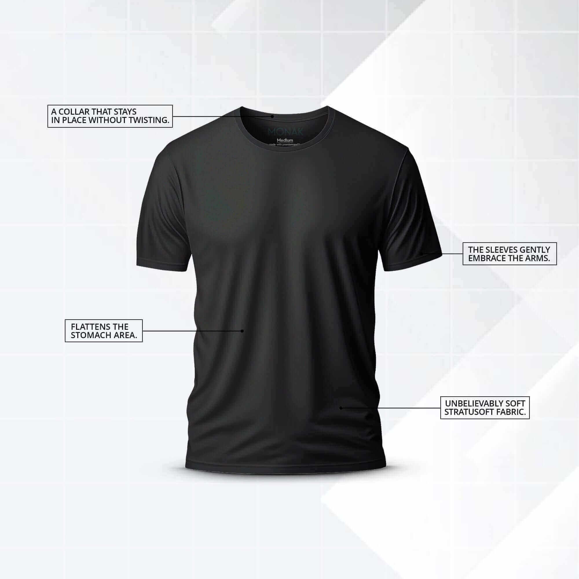 Black crewneck t-shirt highlighting features like a non-twisting collar, flattering fit, and soft fabric.