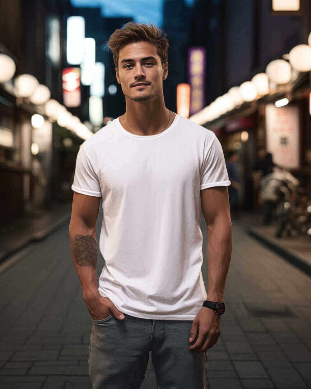 Stylish man wearing a classic white crewneck t-shirt in a lively street setting, showcasing casual elegance.