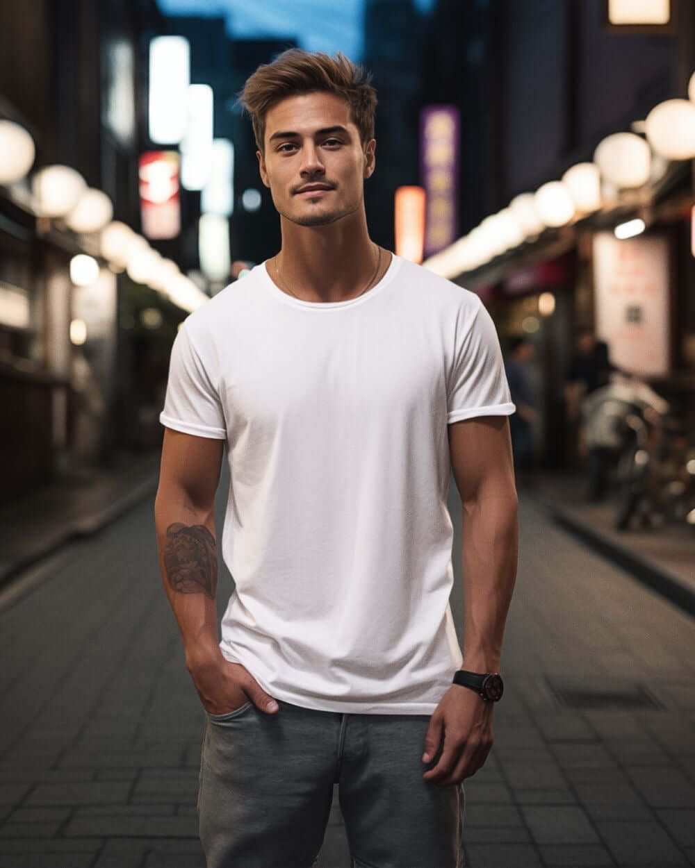 Model wearing a white crewneck t-shirt in an urban setting, showcasing style and comfort.