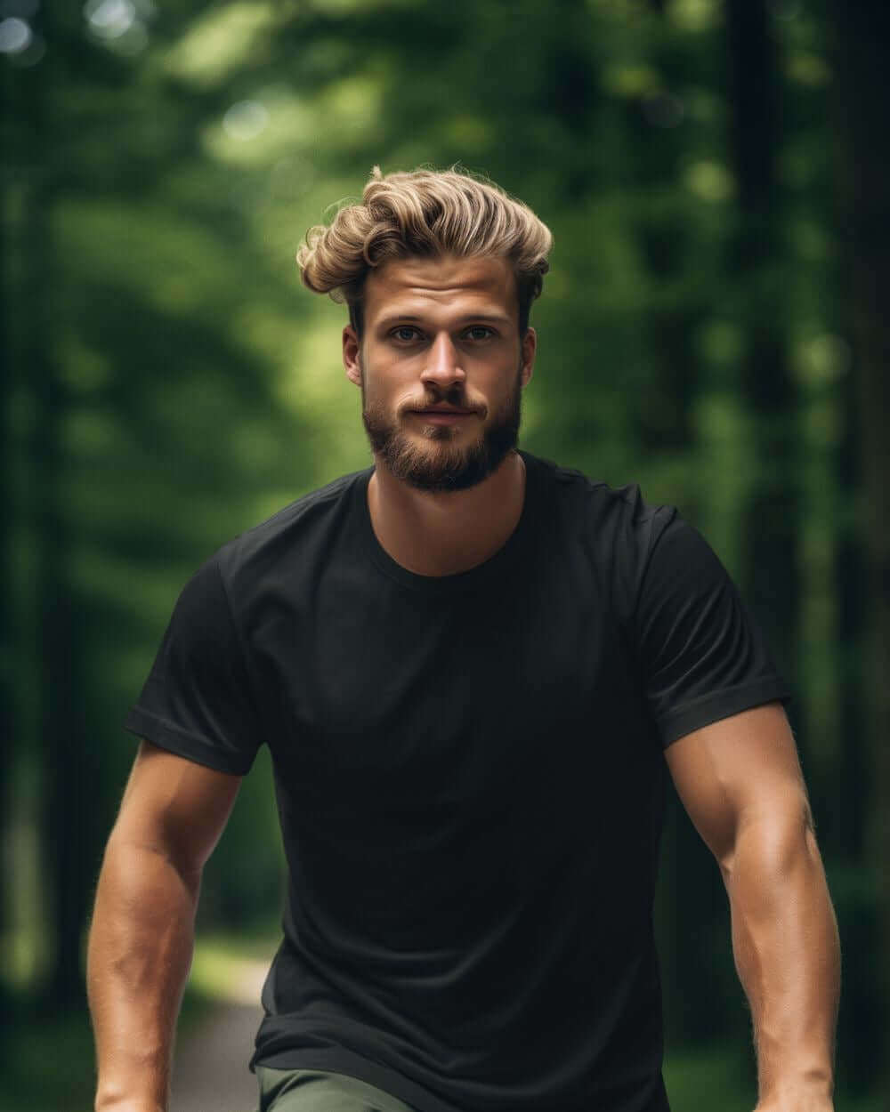 Young man wearing a black crewneck t-shirt, outdoors in a lush green forest, showcasing comfort and style.