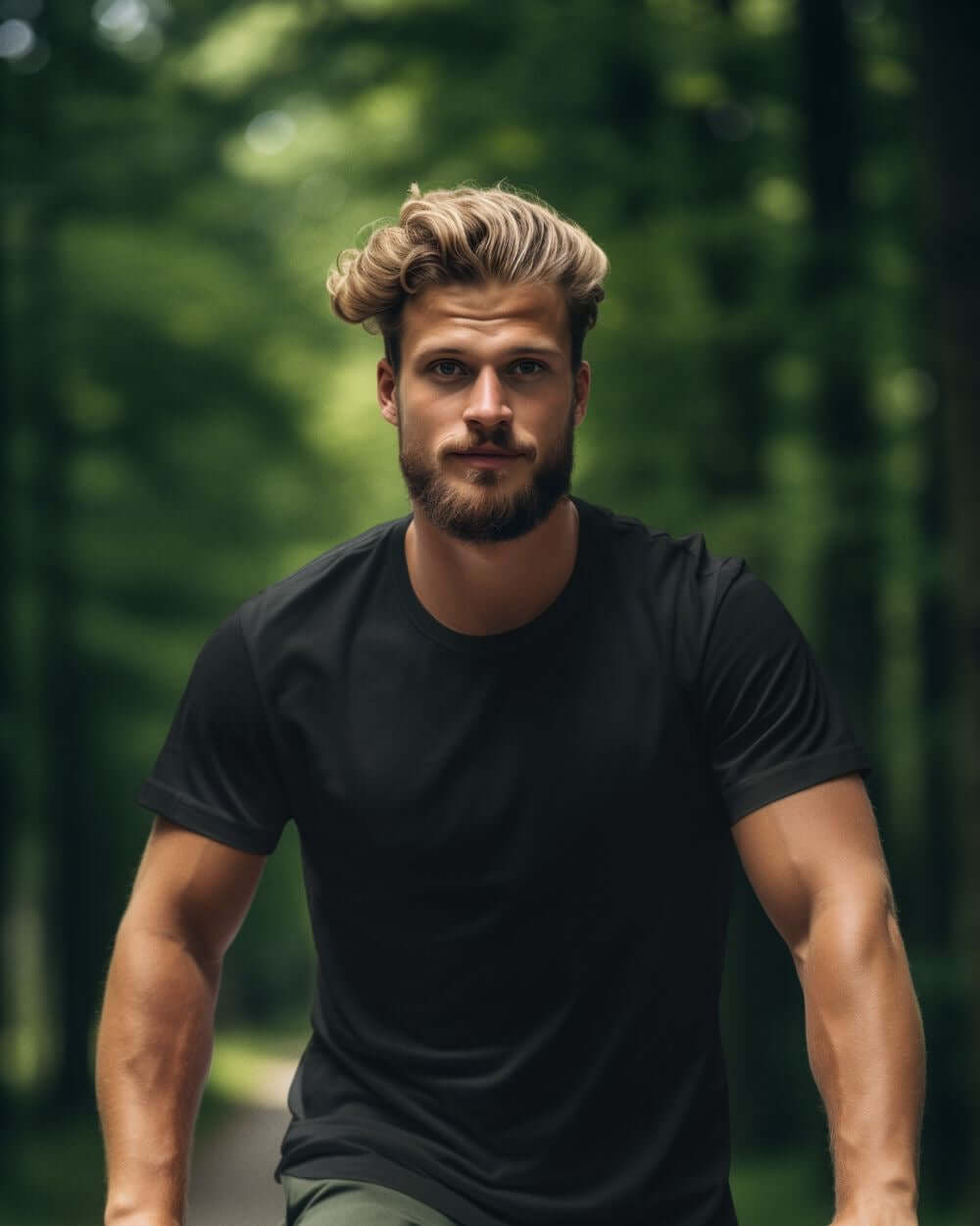 Man in black crewneck t-shirt walking in a green forest, showcasing comfort and style of the Monak Crewneck Single.