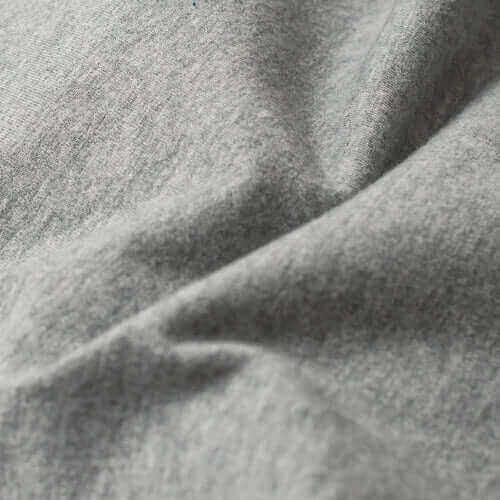 Close-up of soft, durable gray fabric blend featuring 60% combed ringspun cotton and 40% polyester.