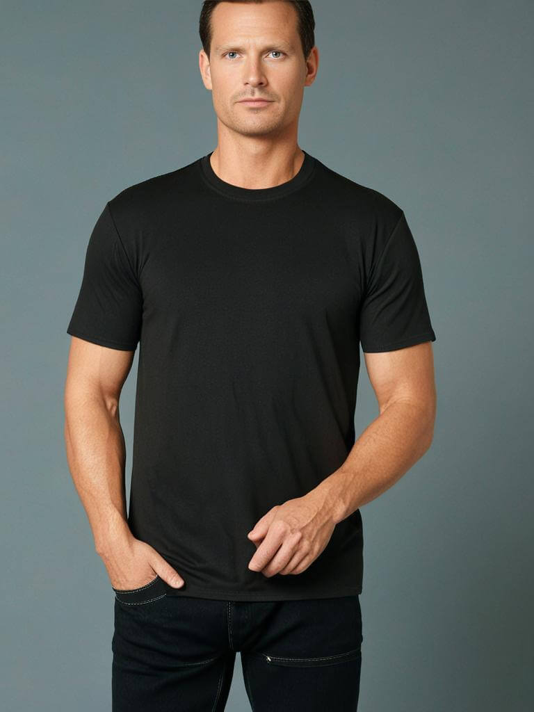 Man wearing a classic black crewneck t-shirt, showcasing comfort and tailored fit, perfect for casual wear.