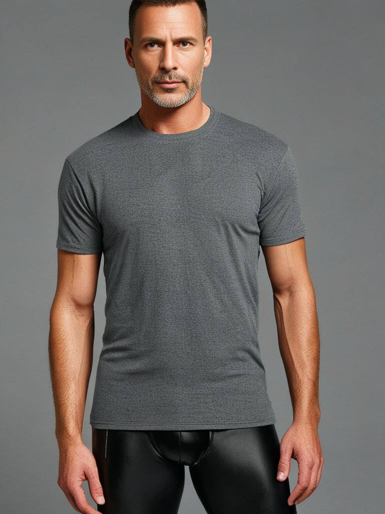 Man wearing a stylish gray crewneck t-shirt, showcasing its soft fabric and tailored design for maximum comfort.