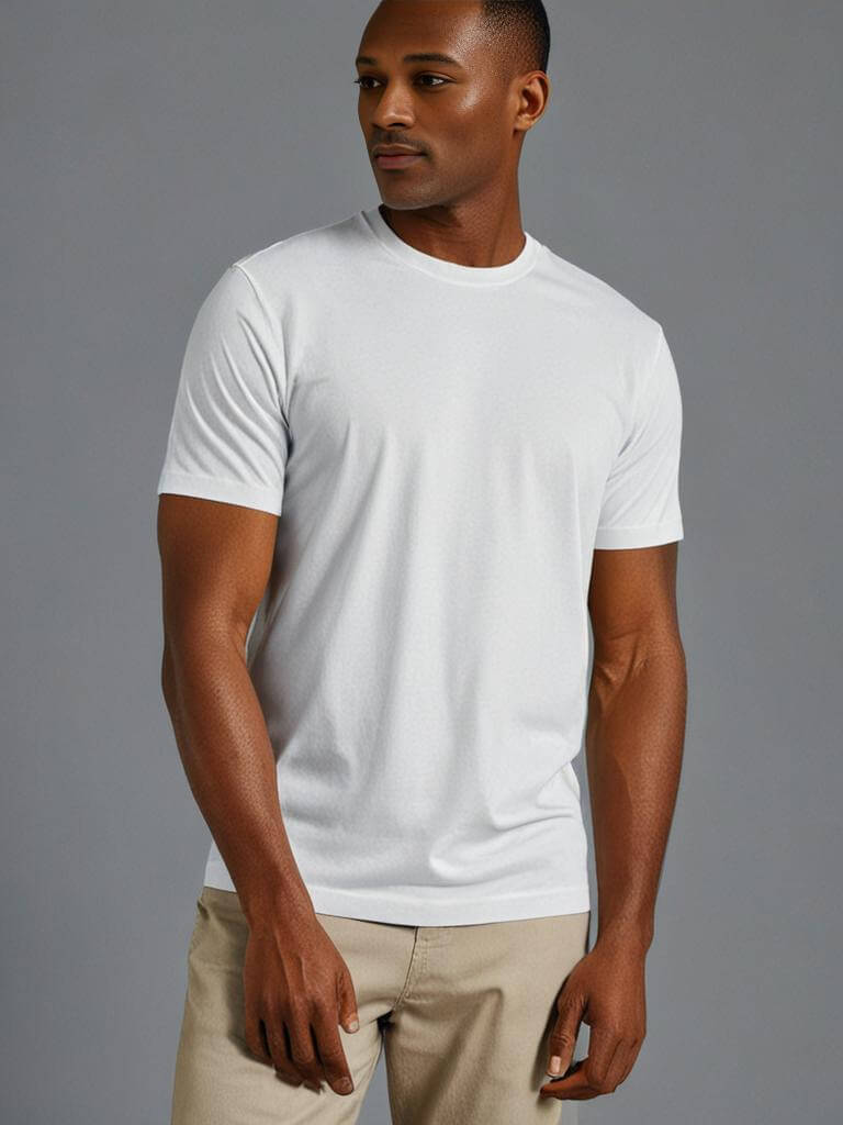 Model wearing a white crewneck t-shirt paired with beige pants, showcasing a comfortable and tailored fit.