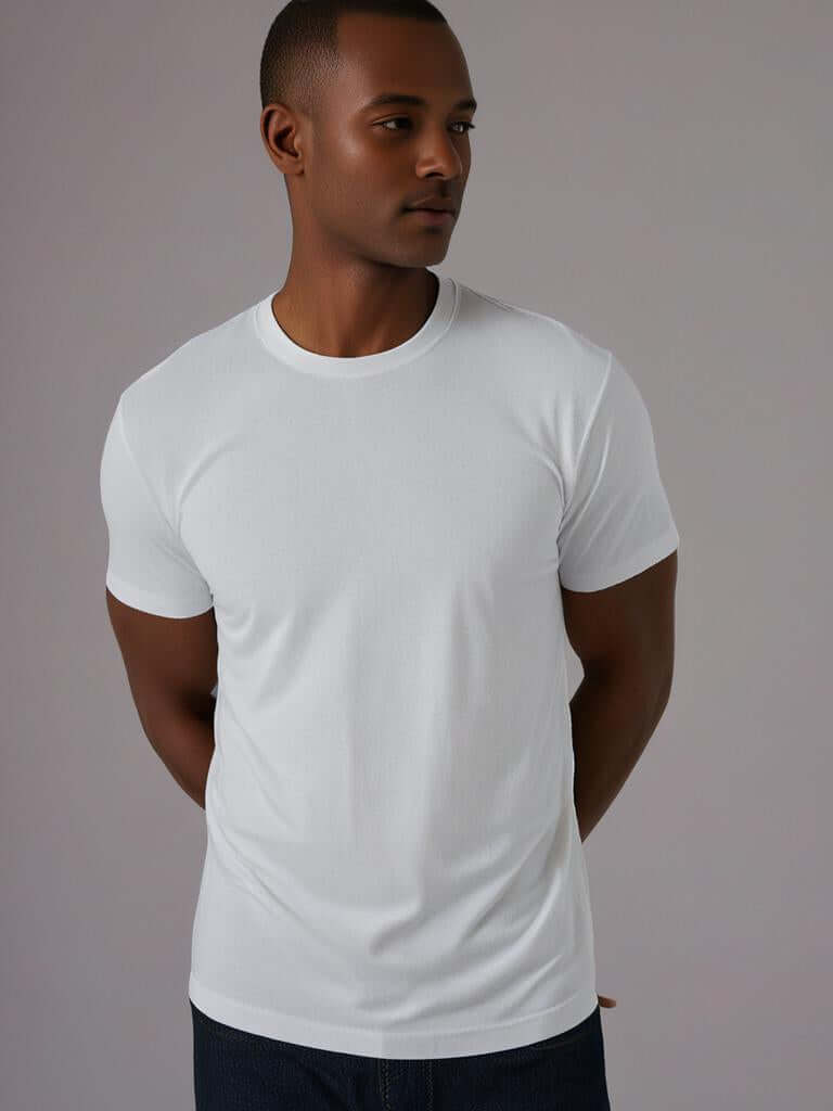 Model wearing a classic white Monak Crewneck t-shirt, showcasing its comfortable fit and soft fabric.