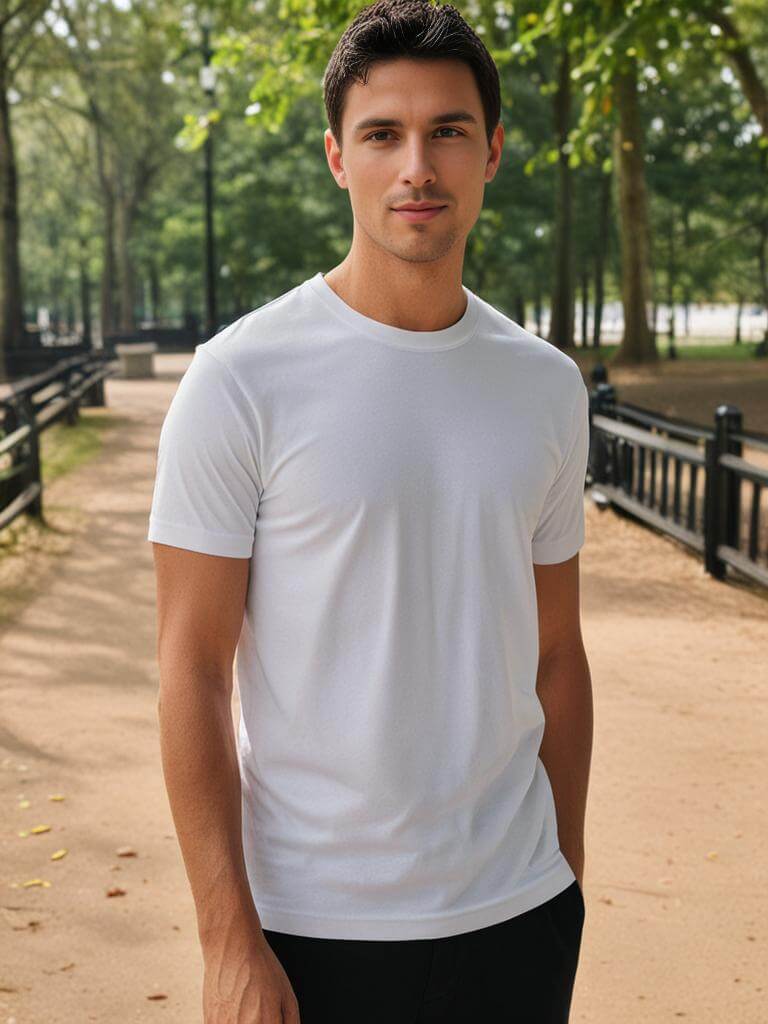 Model showcasing a soft white crewneck t-shirt in a park setting, highlighting comfort and casual style.