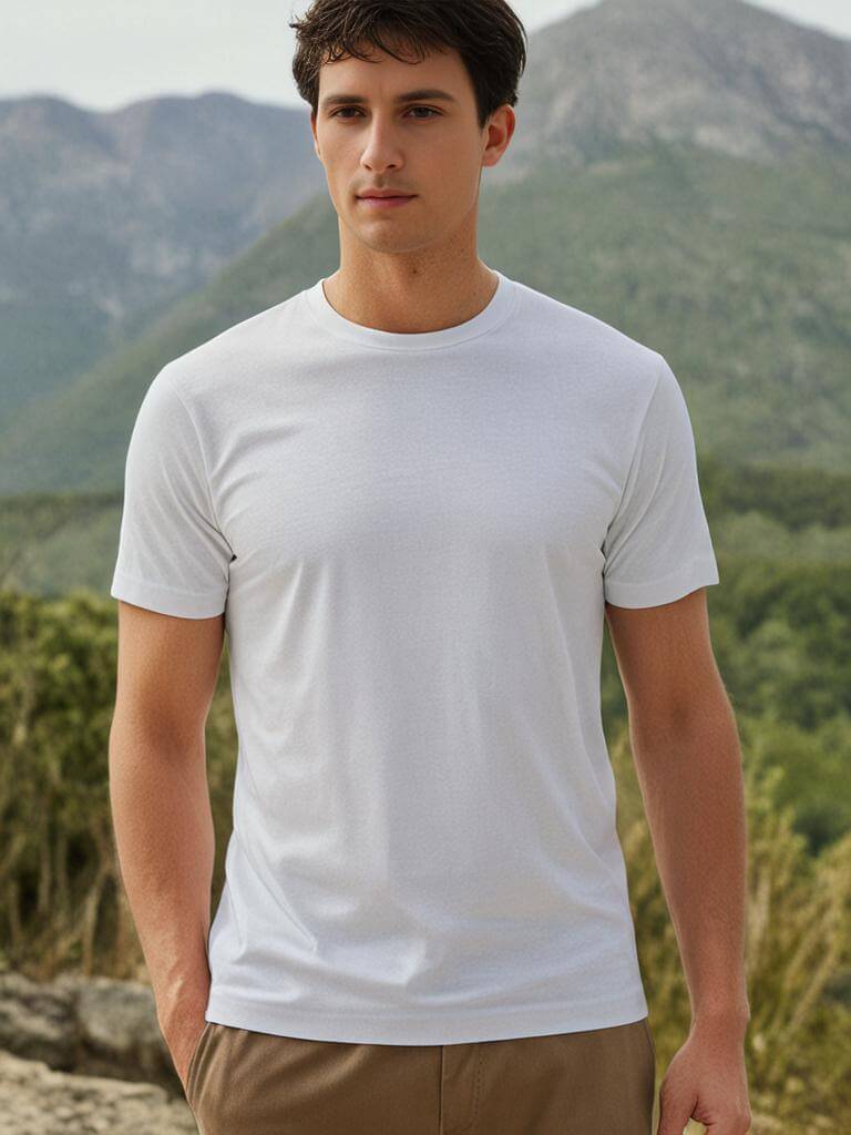 Model wearing a white crewneck t-shirt in a scenic outdoor setting, showcasing comfort and style.