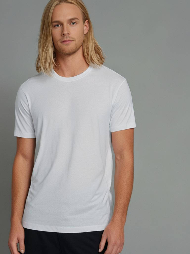 Model showcasing a soft white crewneck t-shirt, highlighting comfort and style in a minimalist setting.