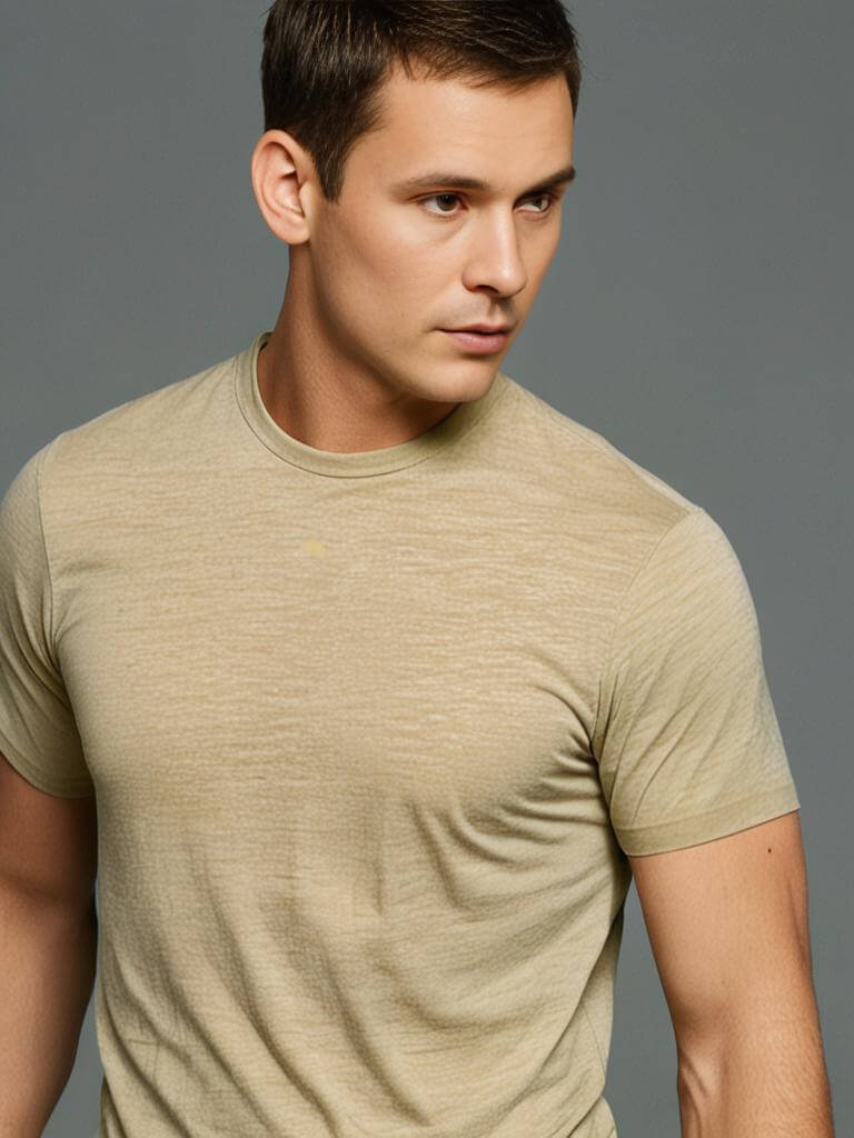 Model wearing a soft beige crewneck t-shirt showcasing comfort and style from the Monak collection.