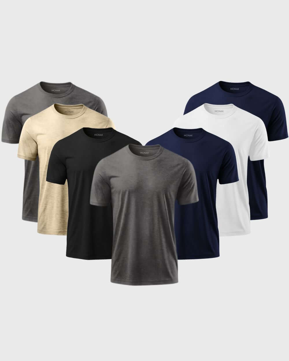 Monak Crewneck 7 pack featuring various colored t-shirts, crafted for comfort and durability with tag-less design.