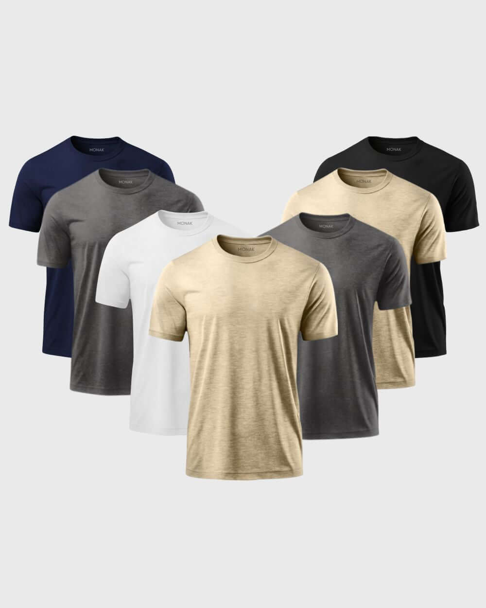 Monak Crewneck 7 pack featuring assorted colors: navy, gray, white, and black t-shirts for ultimate comfort and style.