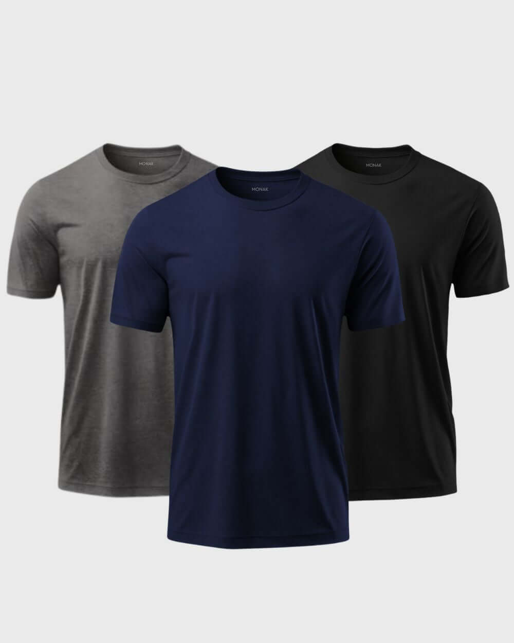 Monak Crewneck 3 pack featuring a gray, navy, and black t-shirt, made from soft, durable fabric for lasting comfort.