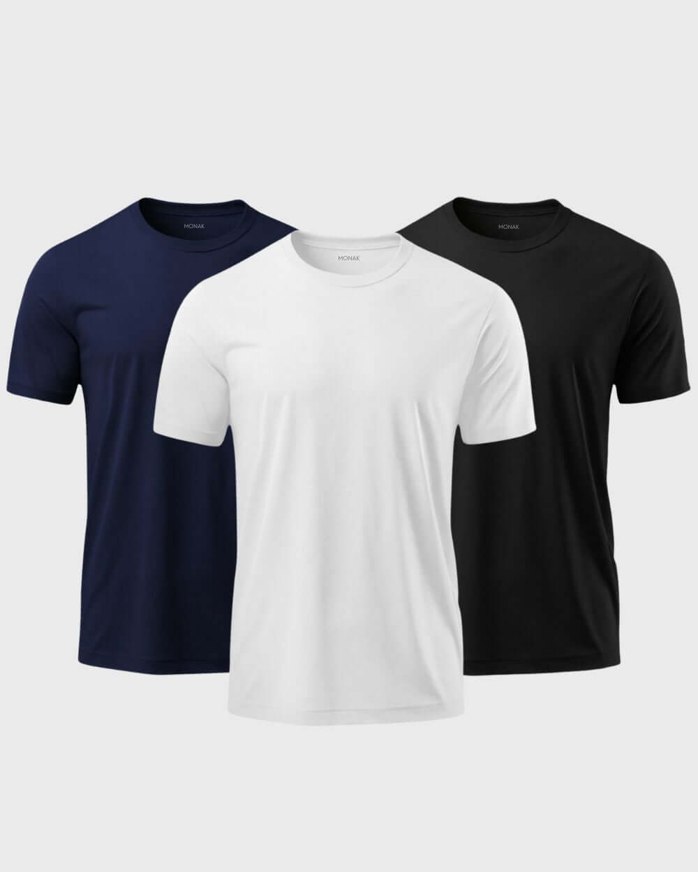 Monak Crewneck 3 pack t-shirts in navy, white, and black, crafted for comfort and durability.