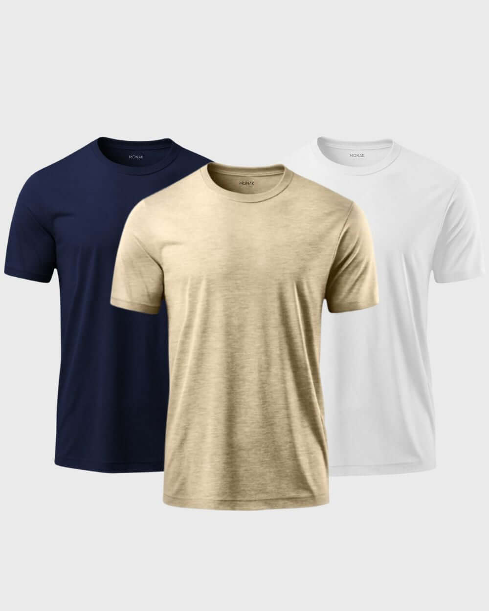 Monak Crewneck 3 pack featuring navy, beige, and white t-shirts crafted for comfort and durability.