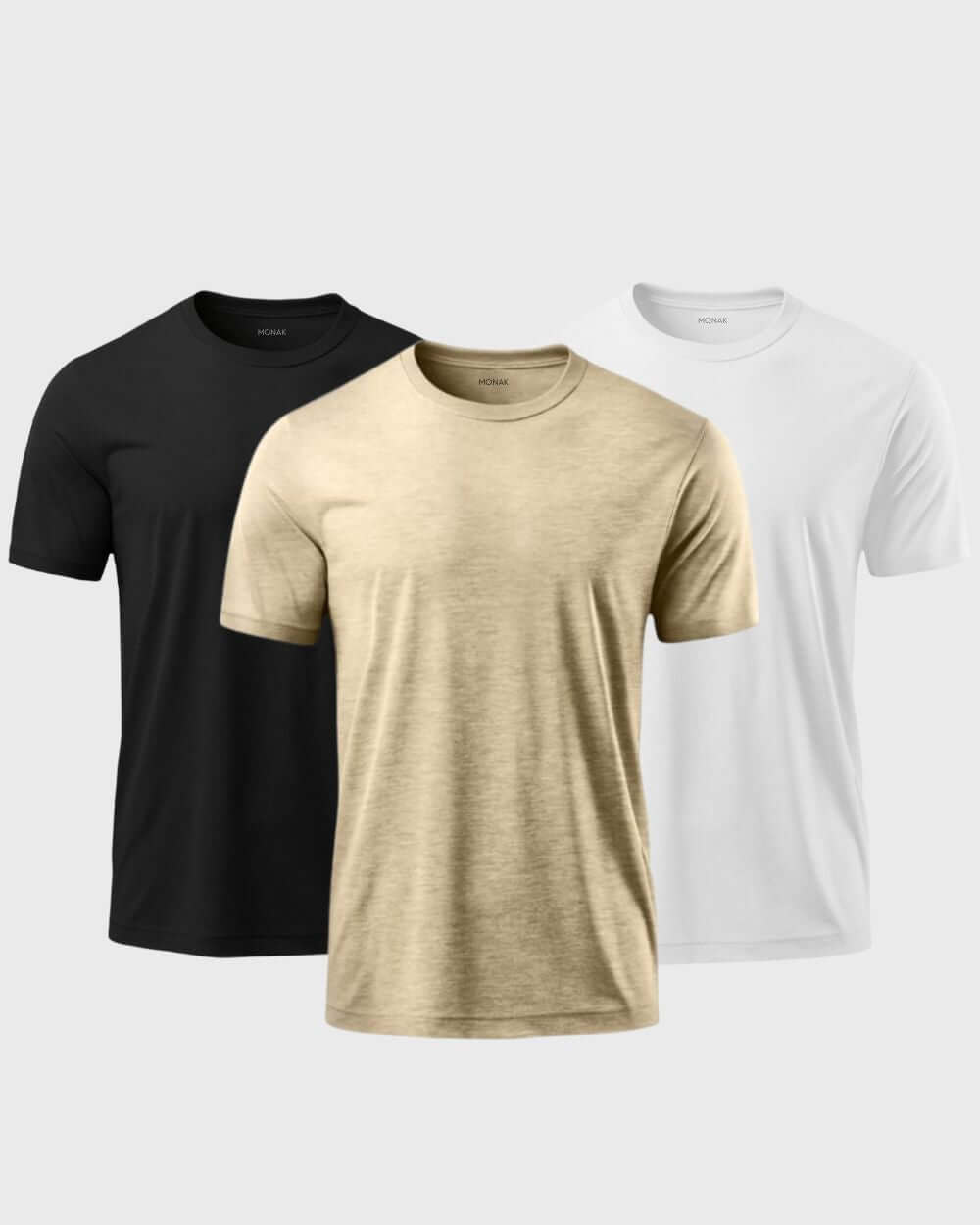 Monak Crewneck 3 pack in black, beige, and white, showcasing comfort and durability in stylish design.