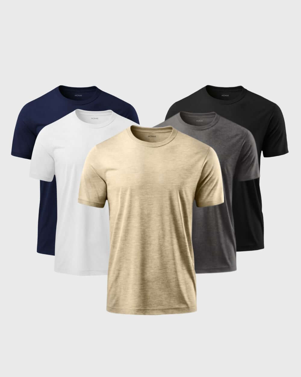 Monak Crewneck 5 pack featuring four stylish t-shirts in navy, white, gold, and gray for versatile wardrobe options.