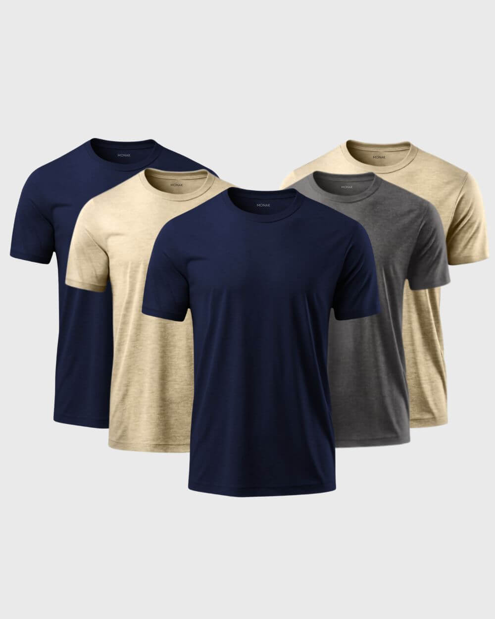 Monak Crewneck 5 pack featuring navy, beige, and gray shirts, made from soft cotton and durable polyester blend.