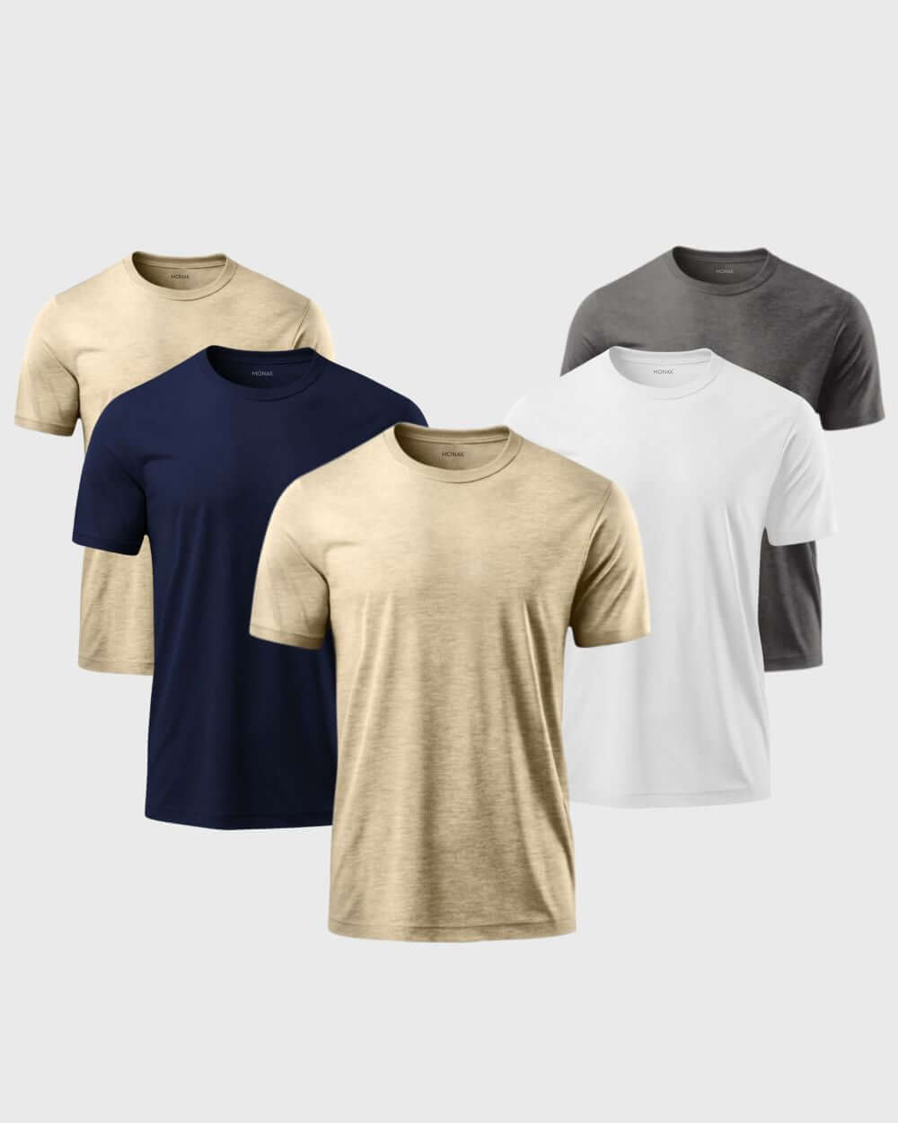 Monak Crewneck 5 pack featuring assorted colors: navy, beige, gray, and white. Comfort and durability in every tee.